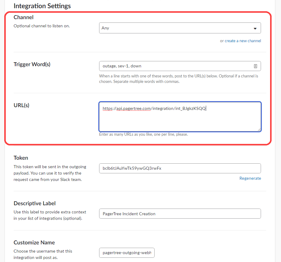 Slack Outgoing Webhook PagerTree Configuration